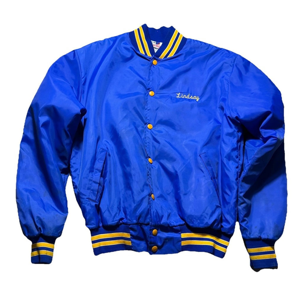 Vintage USA Satin Bomber Jacket Soccer BYC Blue Yellow Fleece Lined Renno Mens M